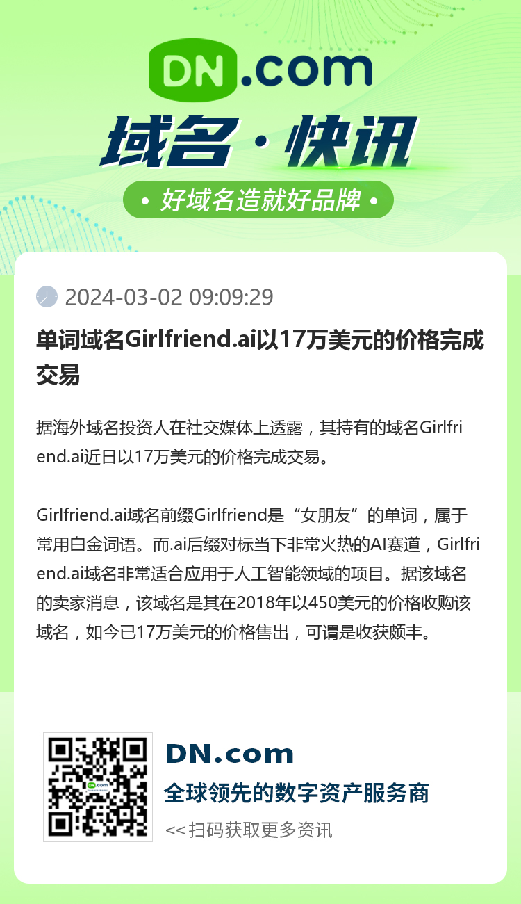 單詞域名Girlfriend.ai以17萬美元的價(jià)格完成交易