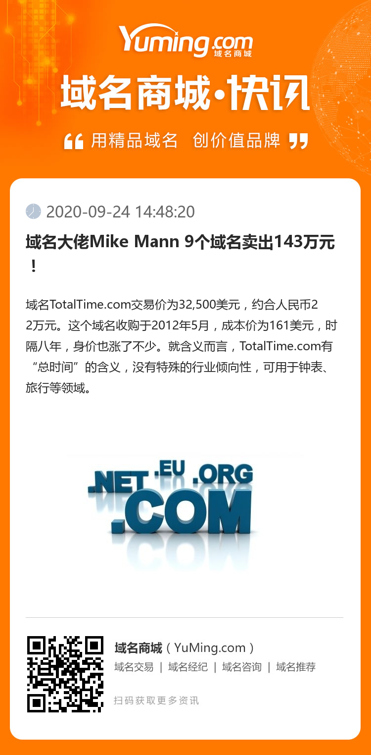 域名大佬Mike Mann 9個域名賣出143萬元！