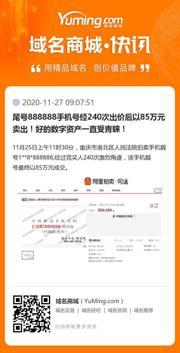 尾號888888手機號經240次出價后以85萬元賣出！好的數字資產一直受青睞！