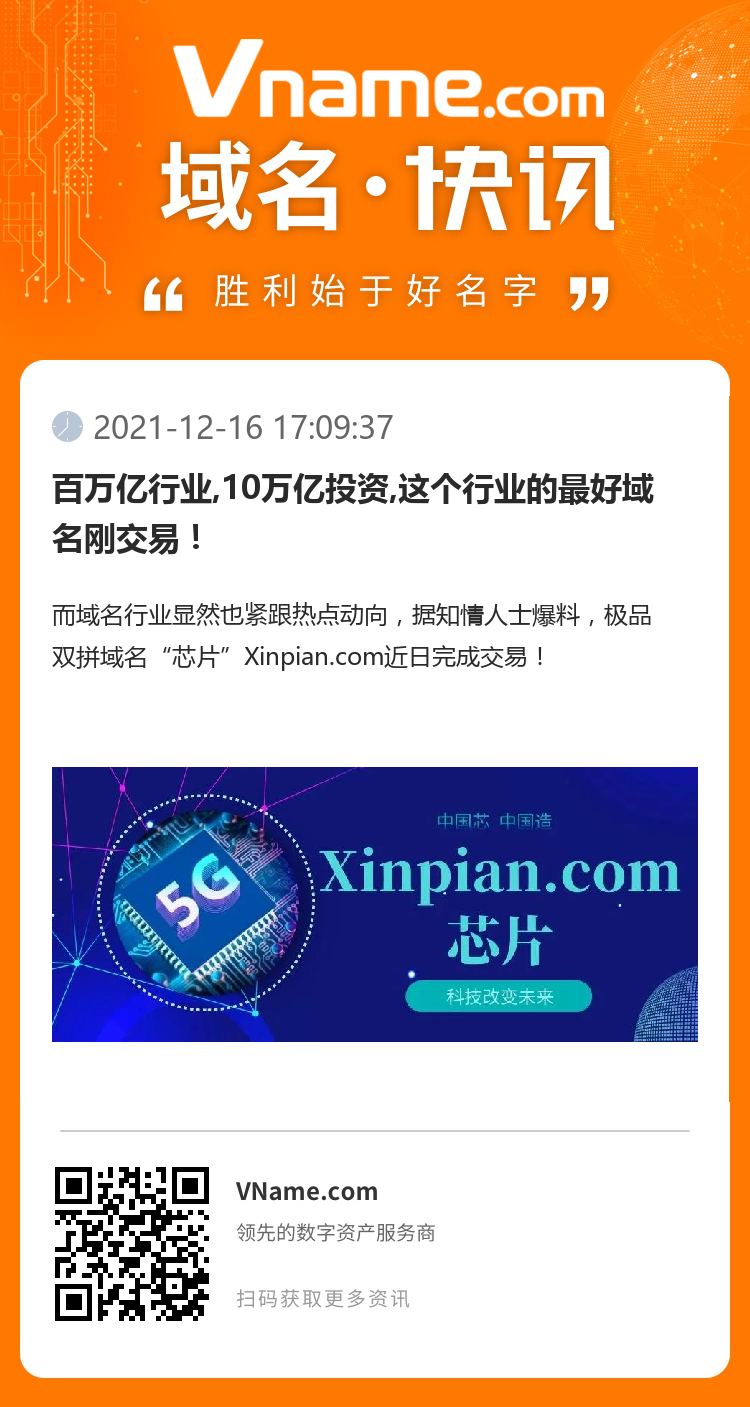 百萬億行業,10萬億投資,這個行業的最好域名剛交易！
