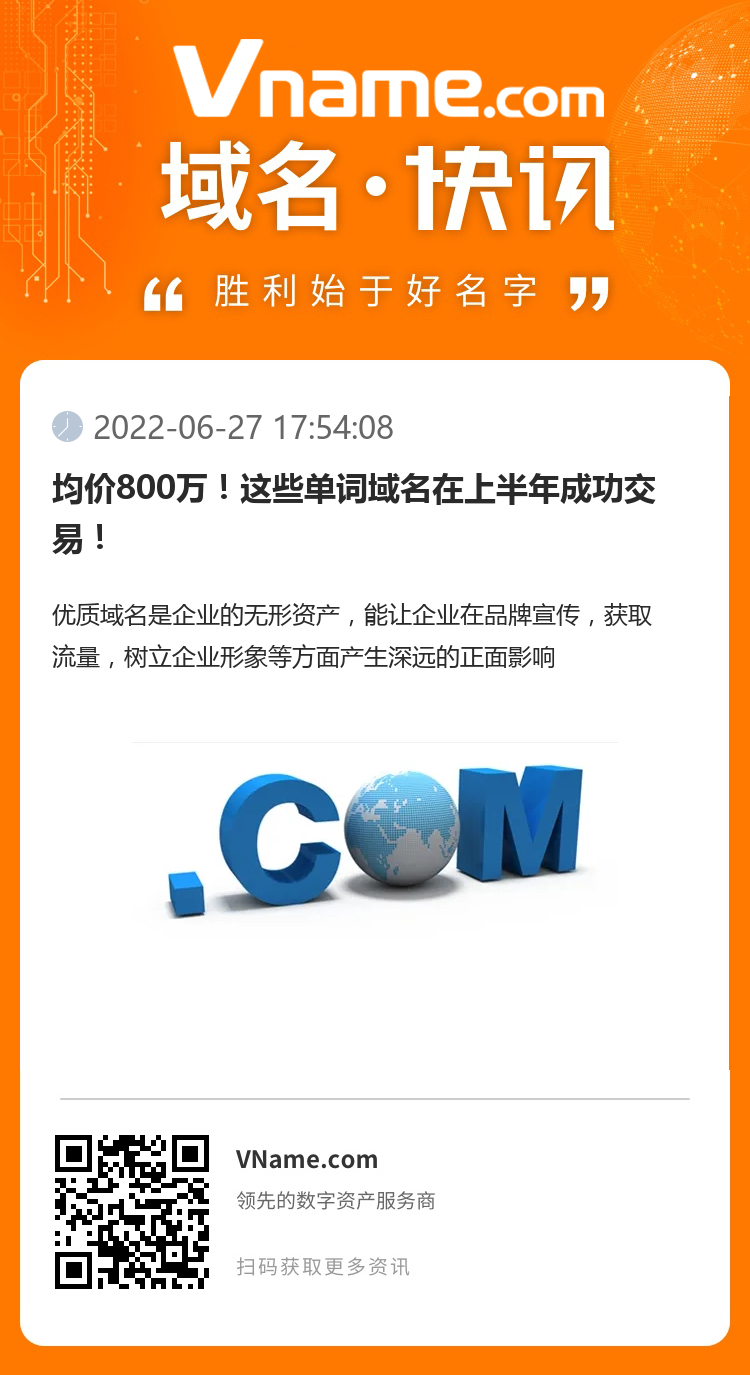 均價800萬！這些單詞域名在上半年成功交易！