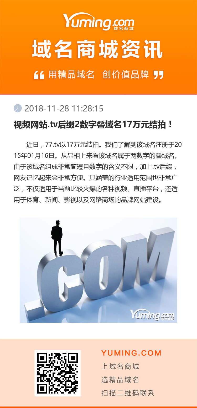 視頻網站.tv后綴2數字疊域名17萬元結拍！