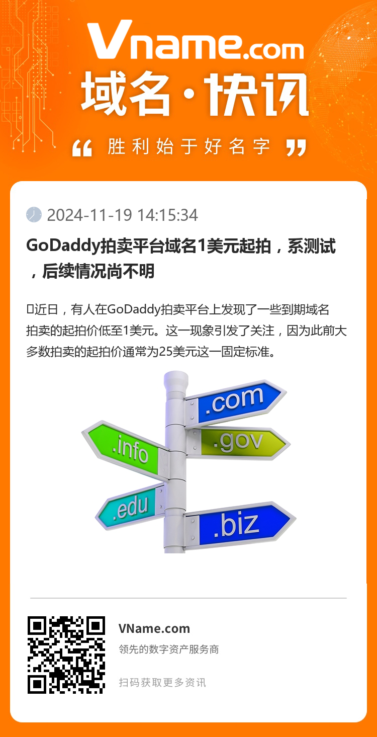 GoDaddy拍賣平臺域名1美元起拍，系測試，后續情況尚不明