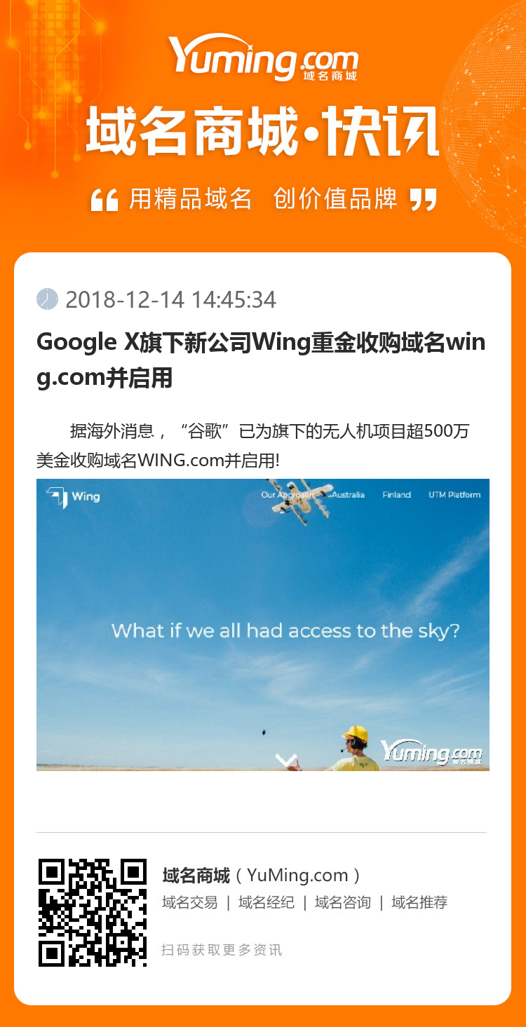 Google X旗下新公司W(wǎng)ing重金收購域名wing.com并啟用