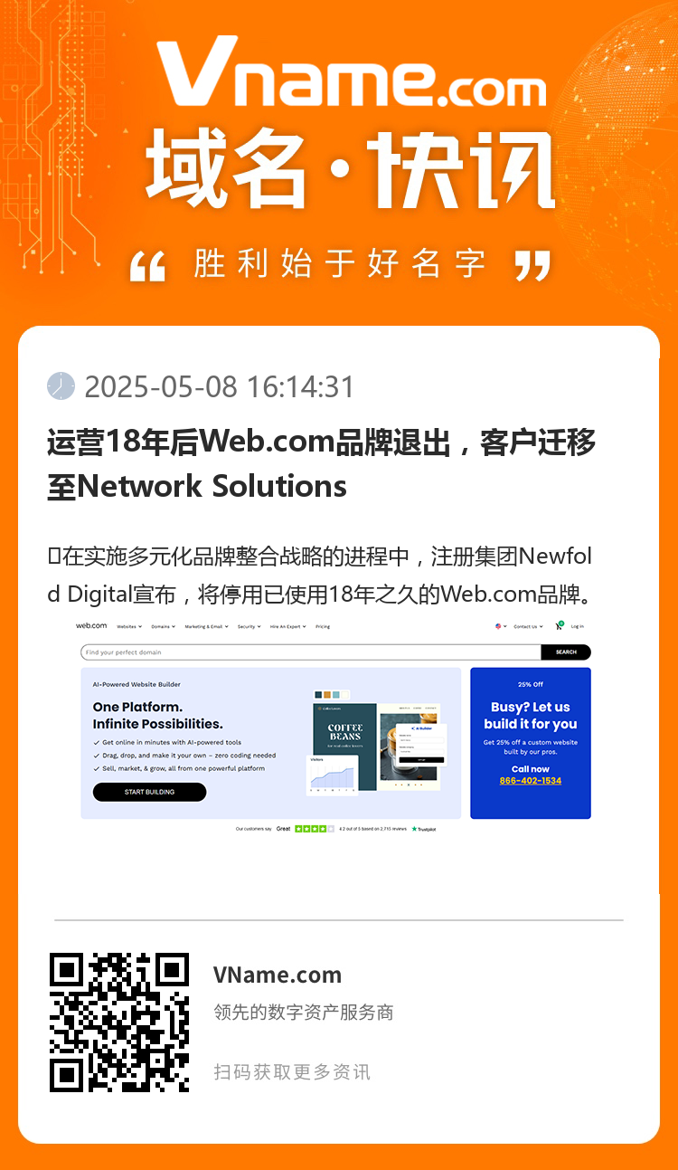 運(yùn)營(yíng)18年后Web.com品牌退出，客戶遷移至Network Solutions