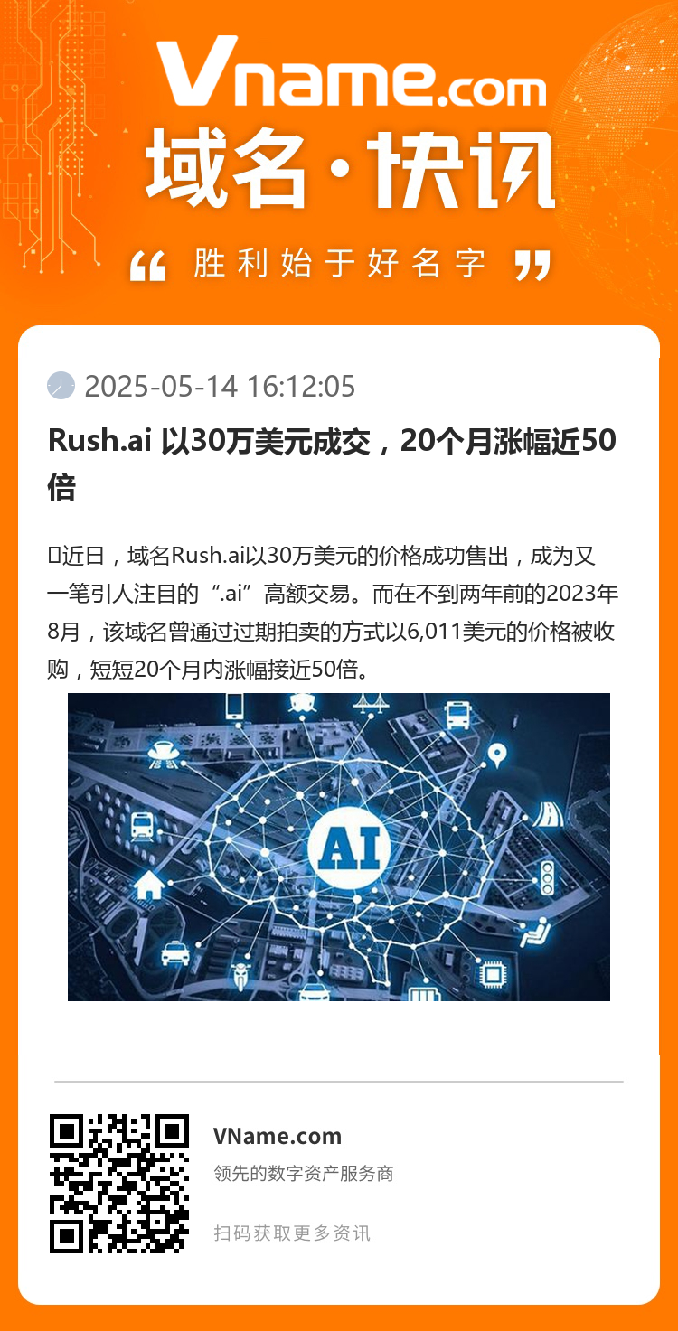 Rush.ai 以30萬美元成交，20個(gè)月漲幅近50倍