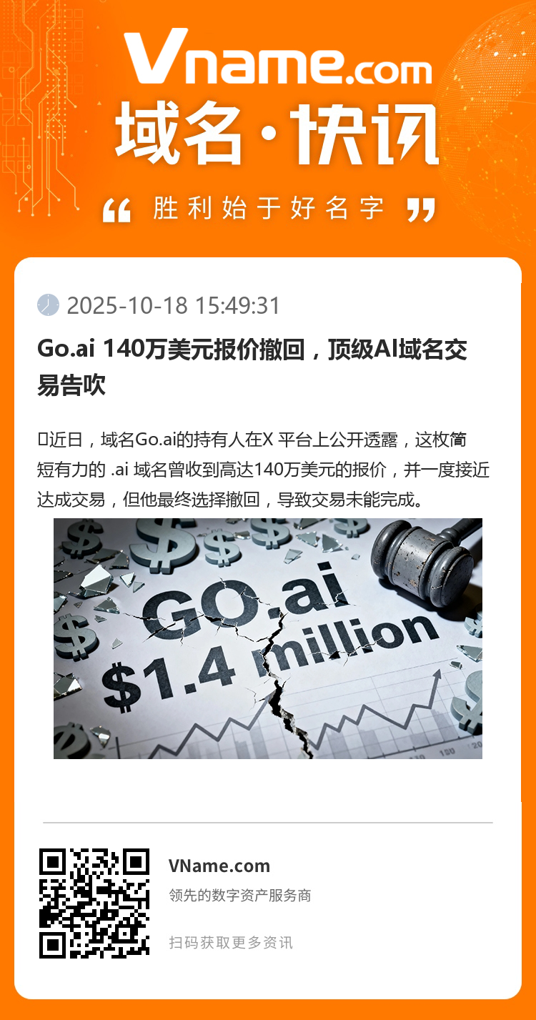 Go.ai 140萬(wàn)美元報(bào)價(jià)撤回，頂級(jí)AI域名交易告吹
