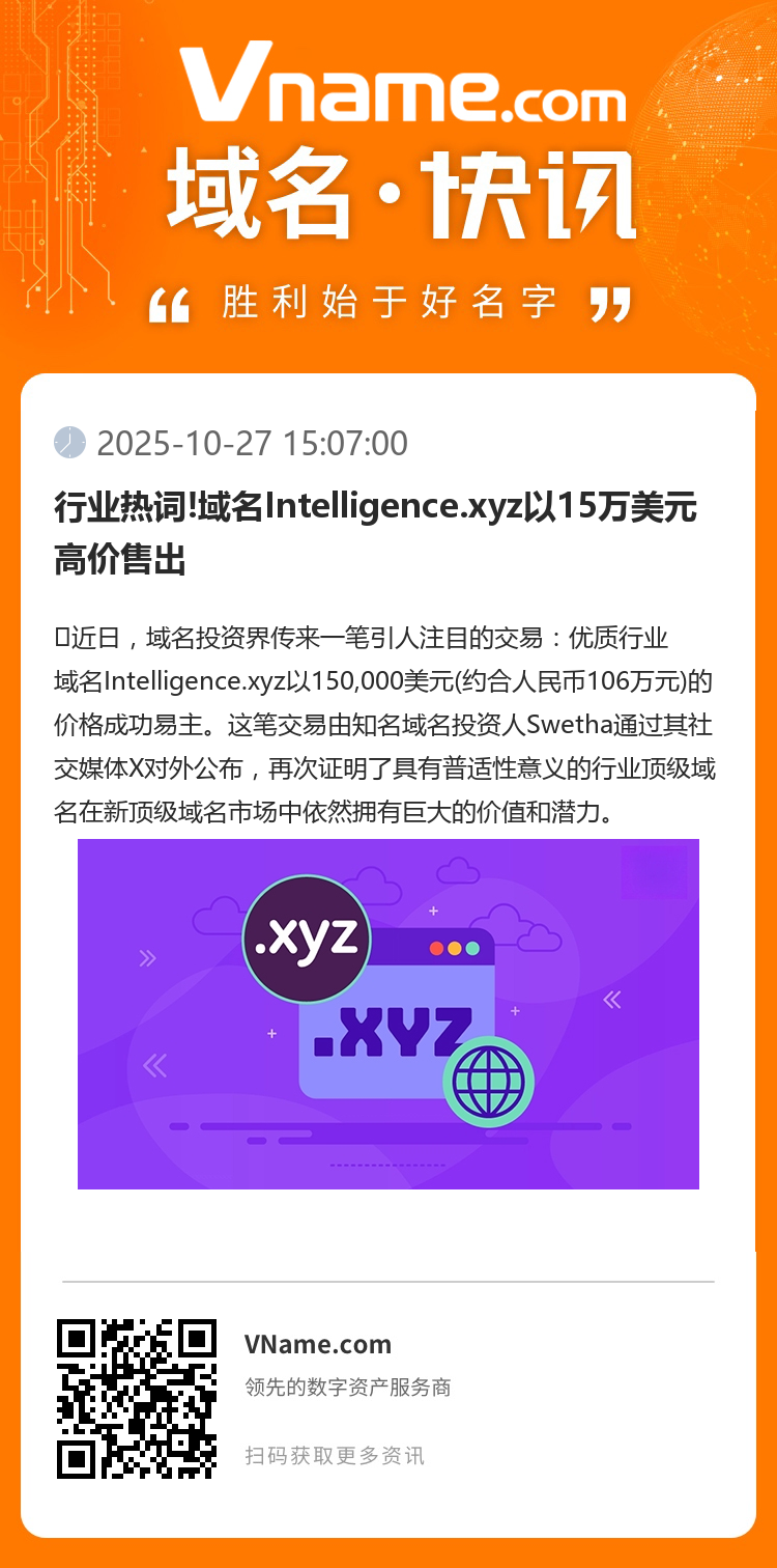 行業(yè)熱詞!域名Intelligence.xyz以15萬美元高價售出