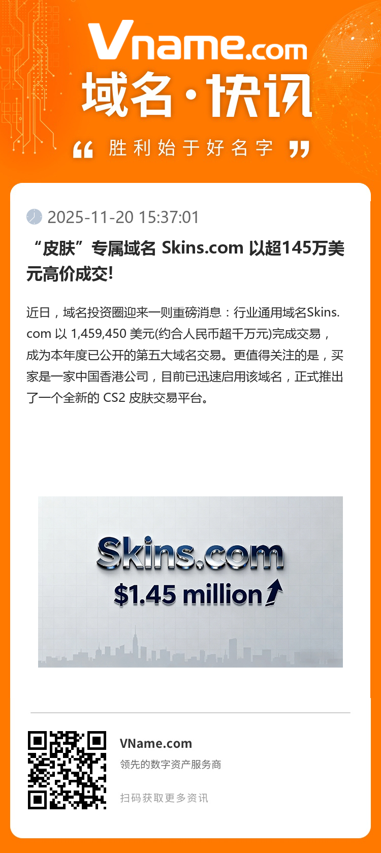 “皮膚”專屬域名 Skins.com 以超145萬(wàn)美元高價(jià)成交!