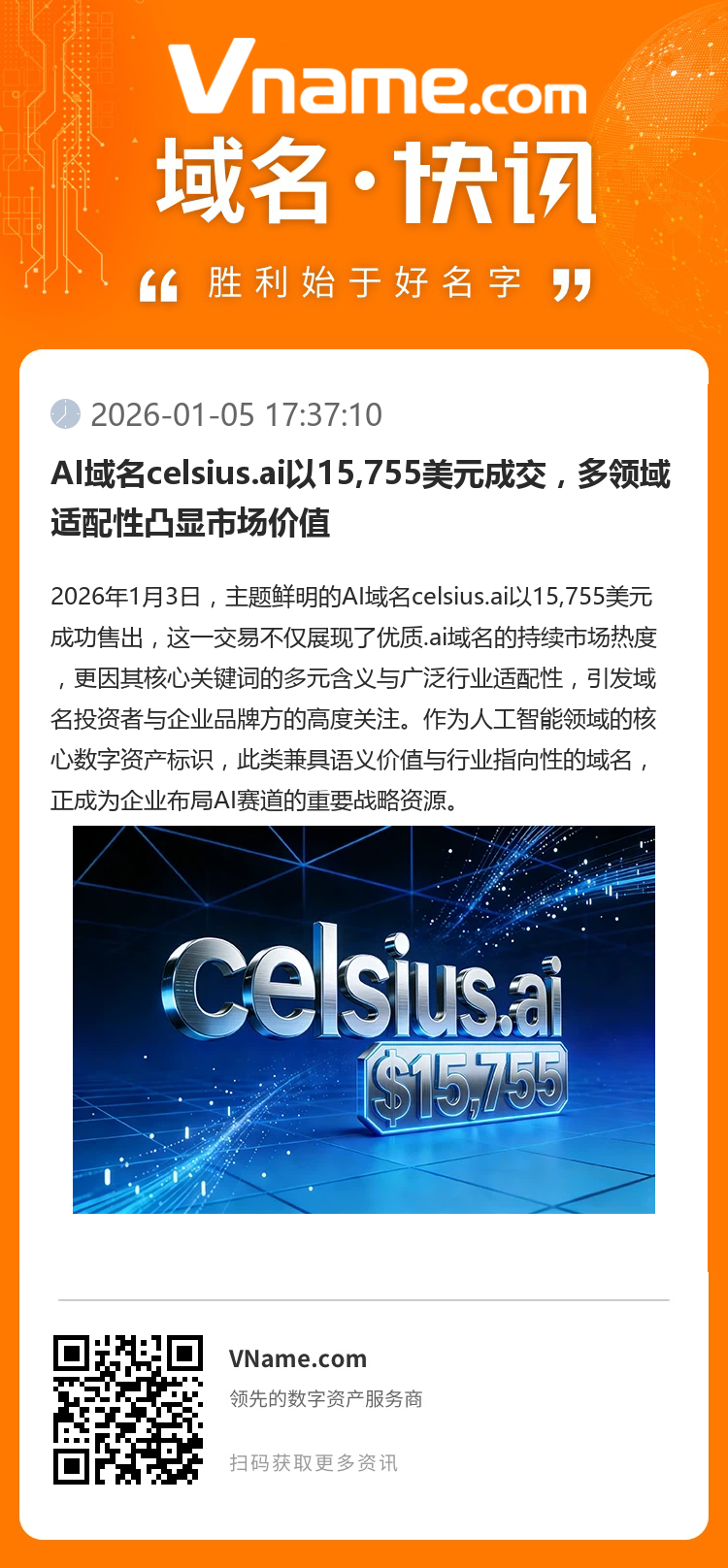 AI域名celsius.ai以15,755美元成交，多領(lǐng)域適配性凸顯市場(chǎng)價(jià)值