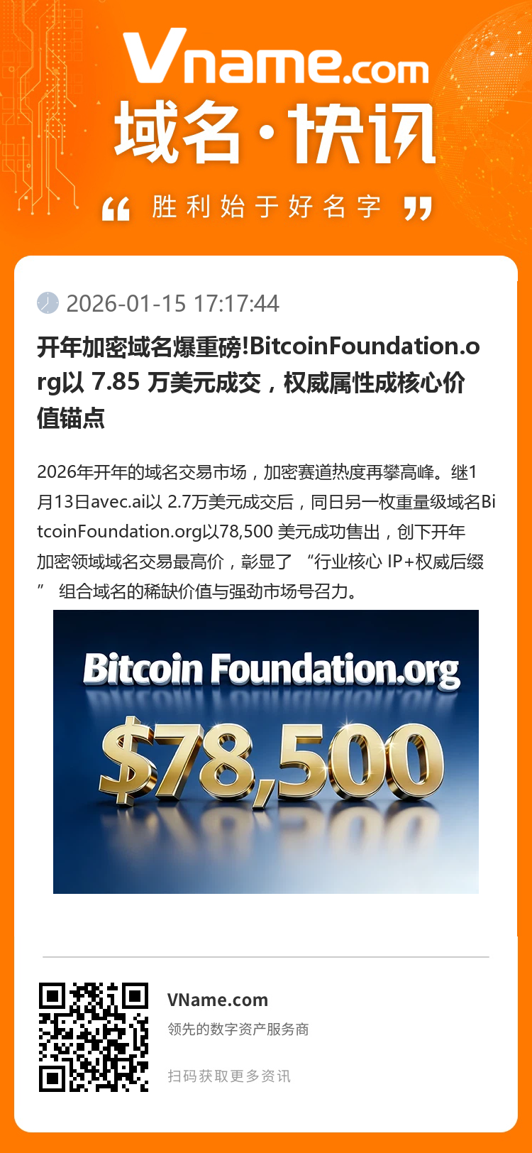 開年加密域名爆重磅!BitcoinFoundation.org以 7.85 萬美元成交，權(quán)威屬性成核心價(jià)值錨點(diǎn)