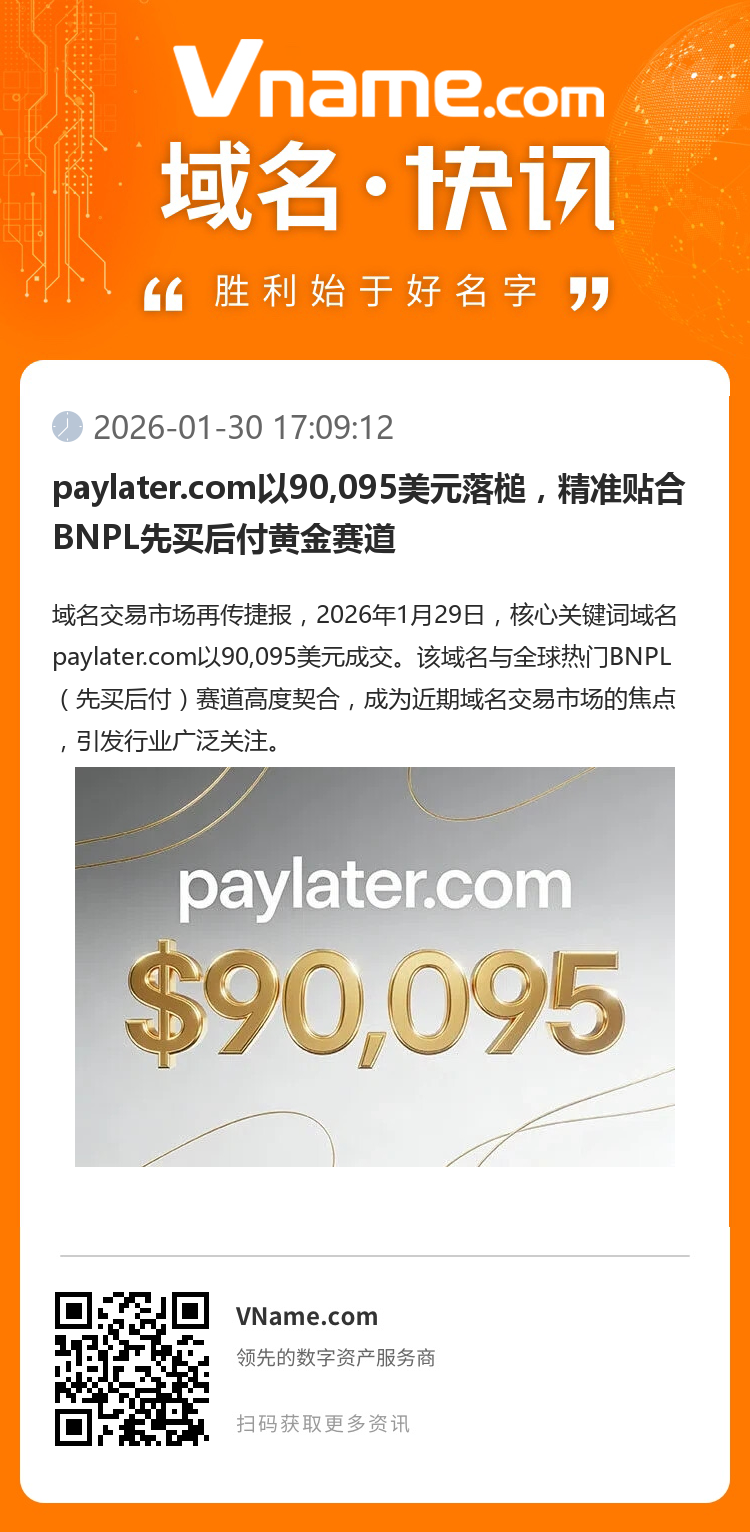 paylater.com以90,095美元落槌，精準貼合BNPL先買后付黃金賽道
