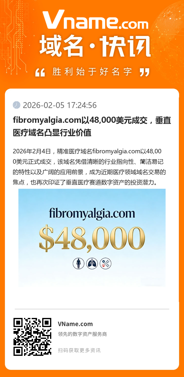 fibromyalgia.com以48,000美元成交，垂直醫(yī)療域名凸顯行業(yè)價(jià)值