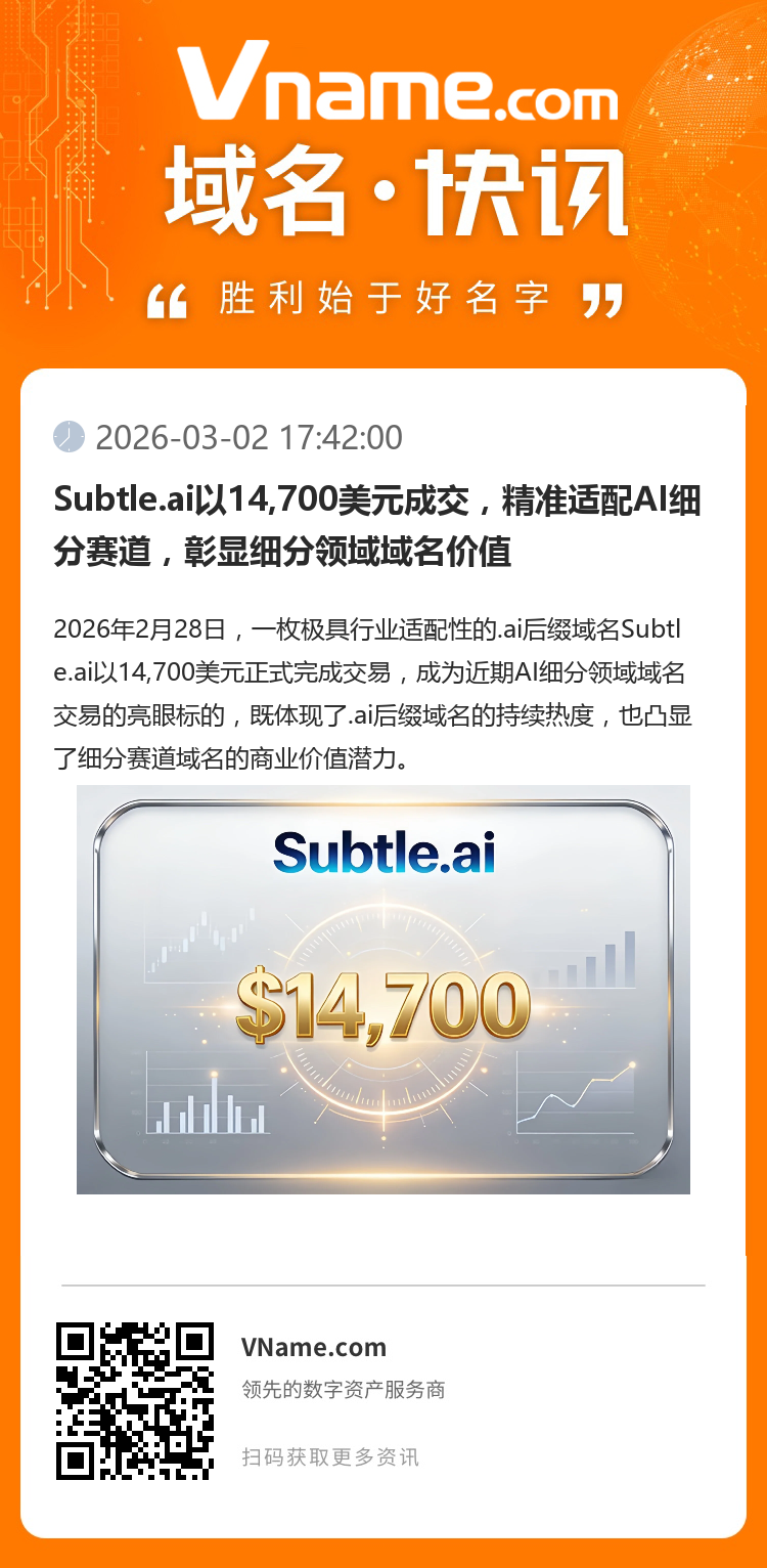 Subtle.ai以14,700美元成交，精準(zhǔn)適配AI細(xì)分賽道，彰顯細(xì)分領(lǐng)域域名價(jià)值