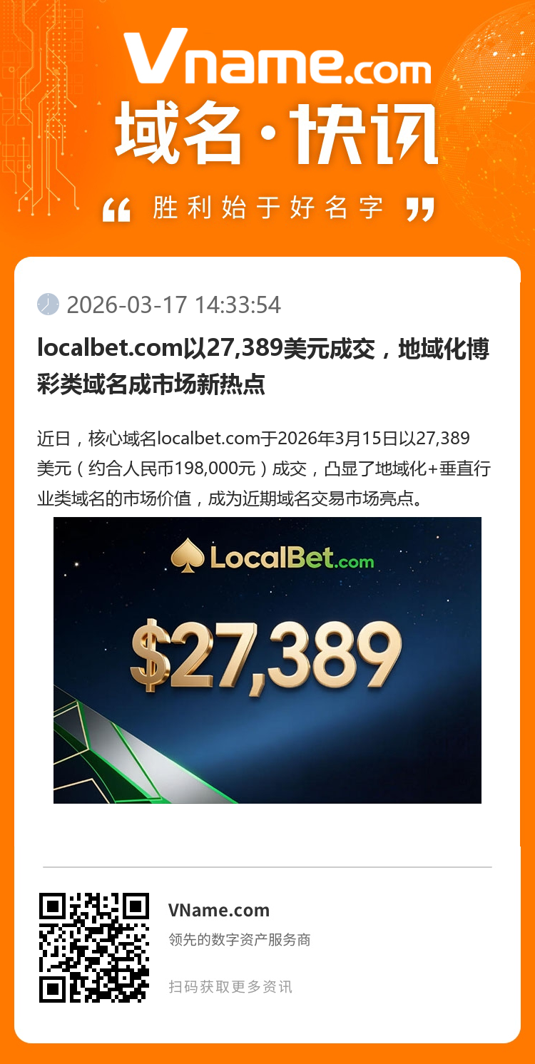 localbet.com以27,389美元成交，地域化博彩類域名成市場(chǎng)新熱點(diǎn)