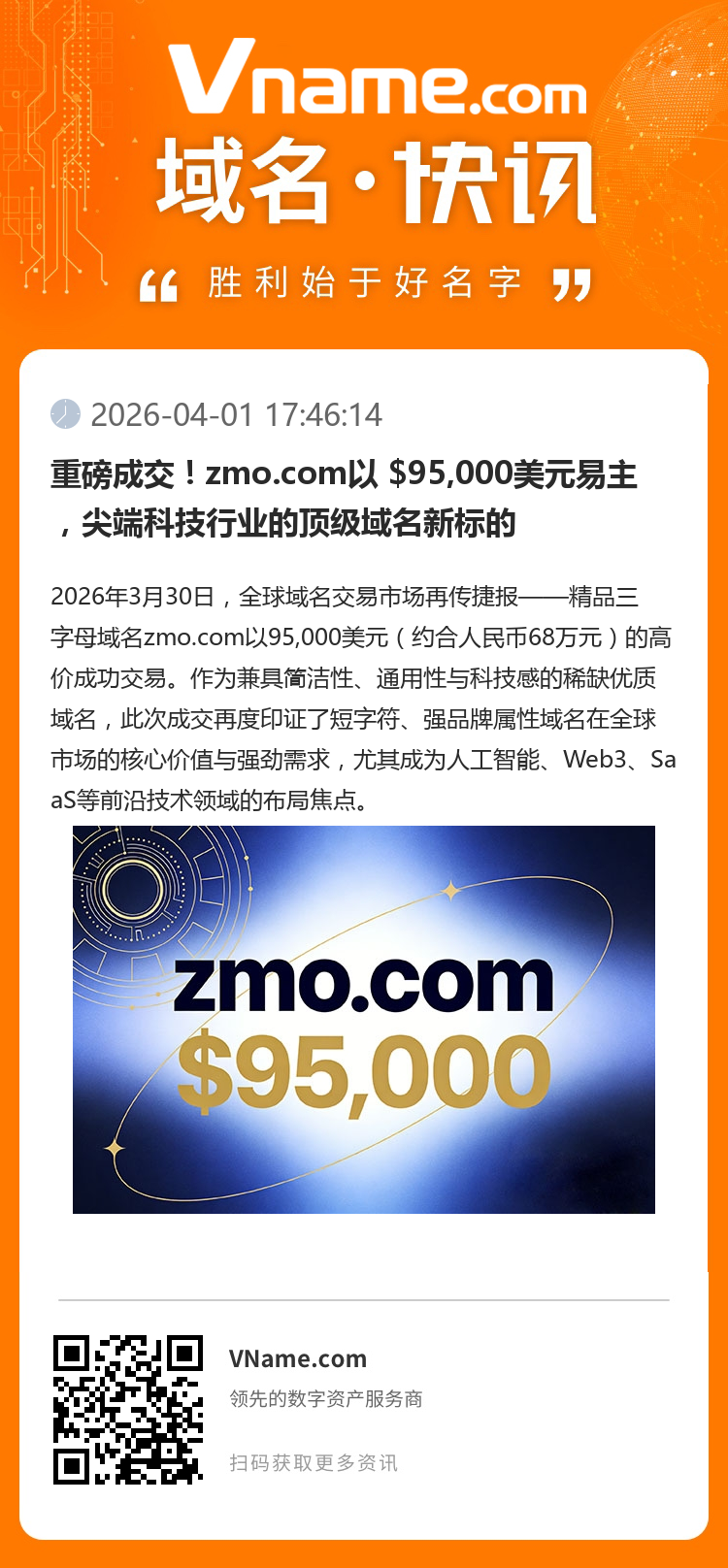 重磅成交！zmo.com以 $95,000美元易主，尖端科技行業的頂級域名新標的