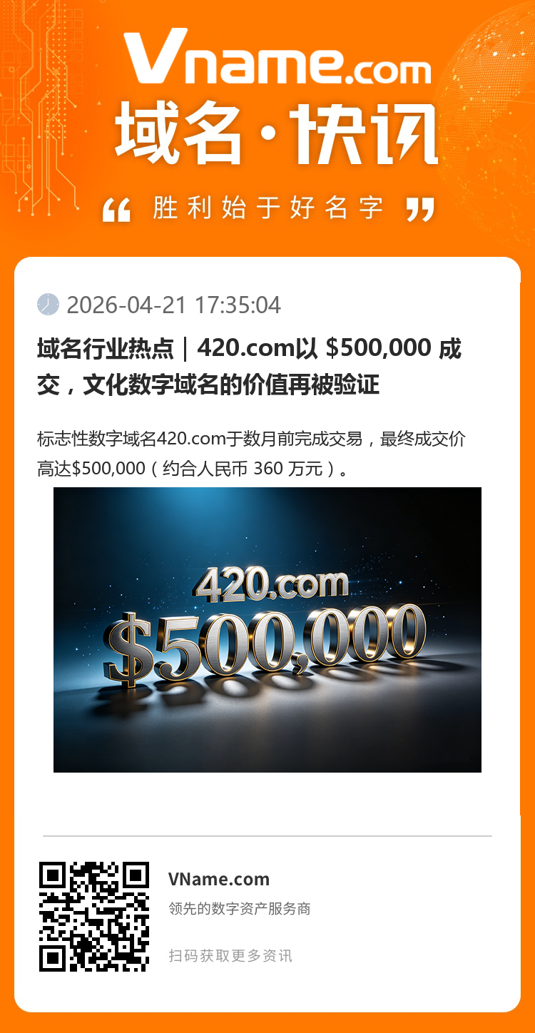 域名行業(yè)熱點(diǎn)｜420.com以 $500,000 成交，文化數(shù)字域名的價(jià)值再被驗(yàn)證