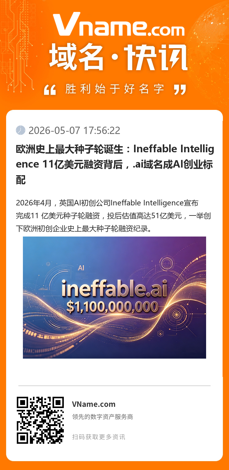 歐洲史上最大種子輪誕生：Ineffable Intelligence 11億美元融資背后，.ai域名成AI創(chuàng)業(yè)標配