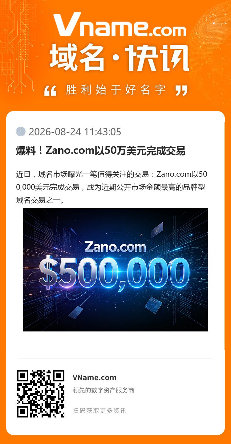爆料！Zano.com以50萬美元完成交易