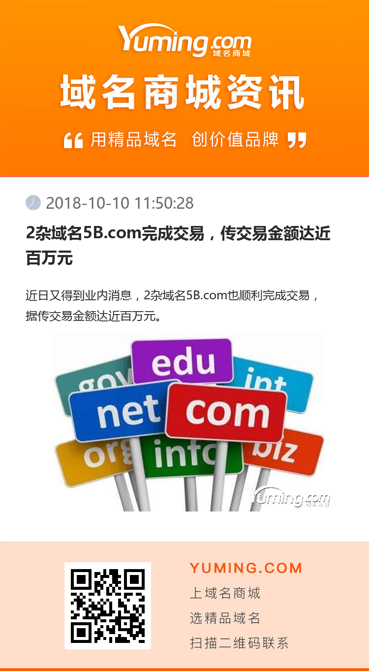 2雜域名5B.com完成交易，傳交易金額達近百萬元