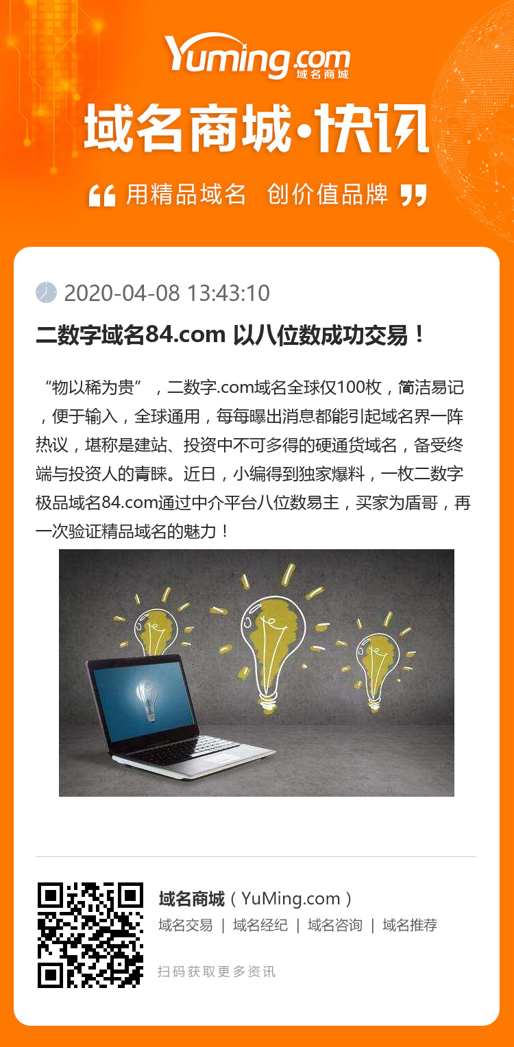 二數字域名84.com 以八位數成功交易！